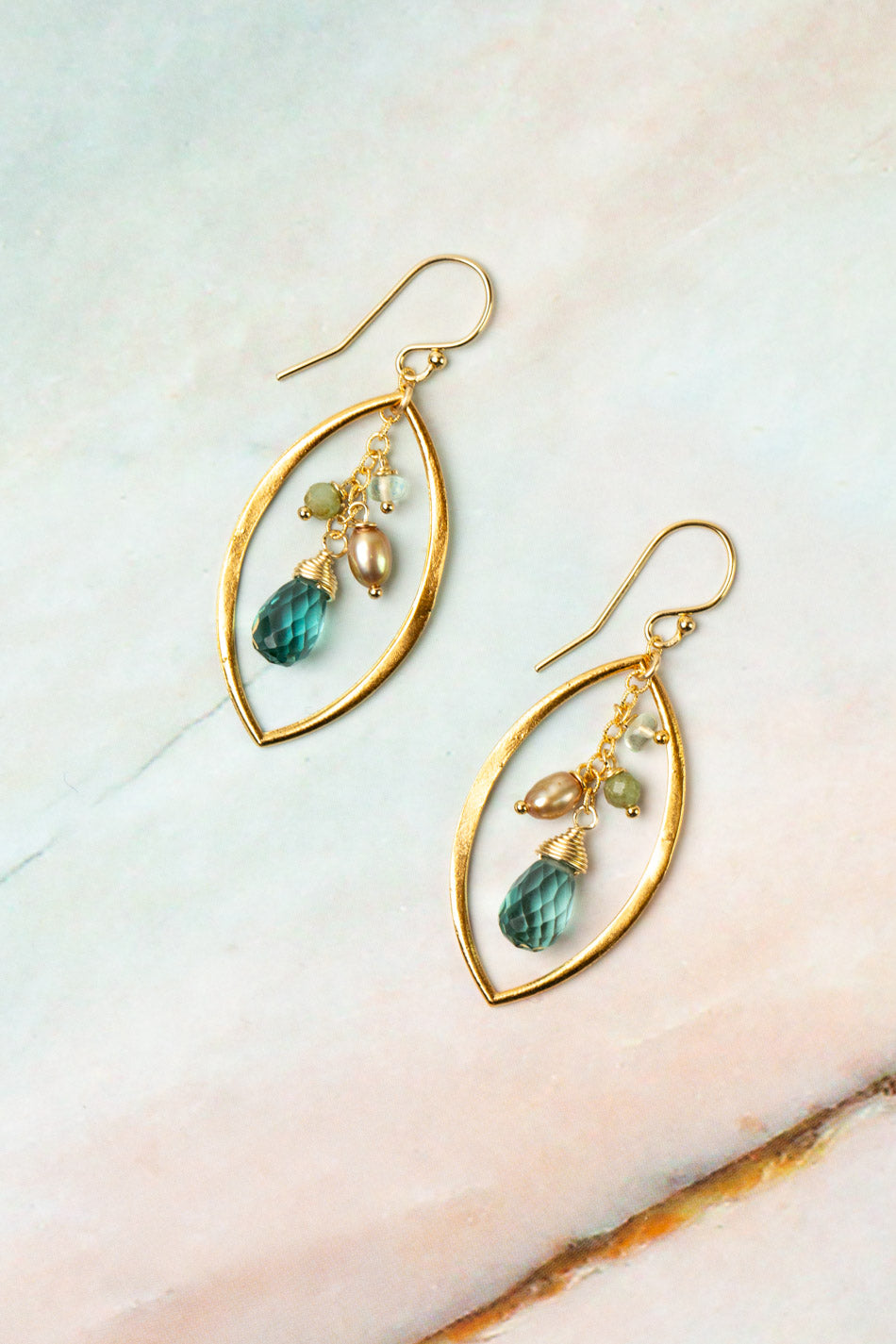 Ocean Waves Blue Quartz, Freshwater Pearl, Fluorite Cluster Earrings