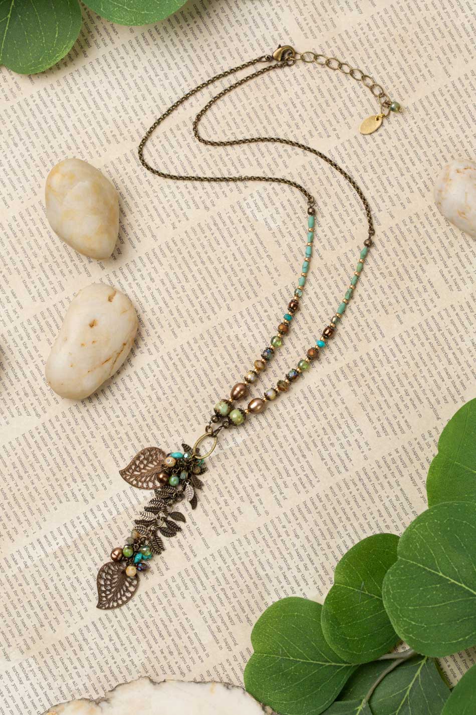 Rustic Creek 20.5-22.5" Freshwater Pearl With Czech Glass, Turquoise Dangles, Antique Brass Leaves Cluster Necklace