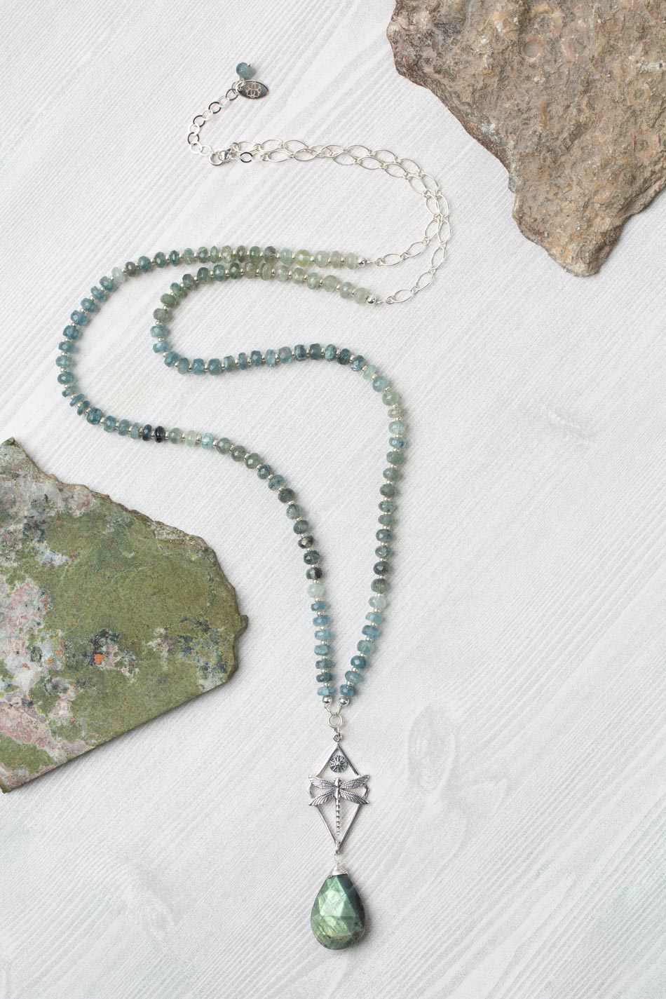 Resilience 29.5-31.5" Green Moss Aquamarine, Labradorite With Dragonfly Statement Necklace