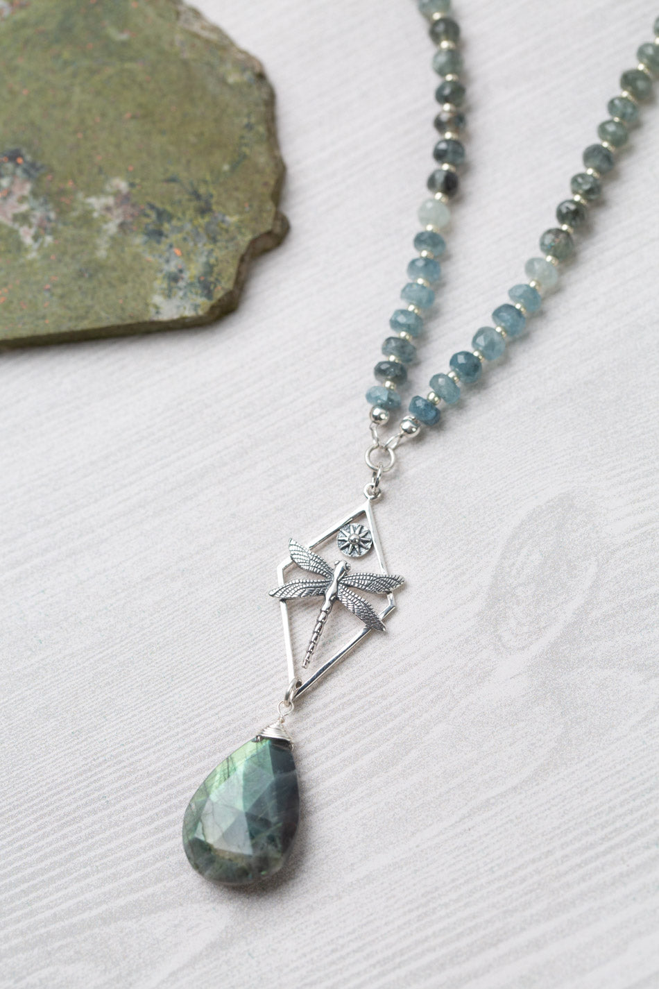 Resilience 29.5-31.5" Green Moss Aquamarine, Labradorite With Dragonfly Statement Necklace