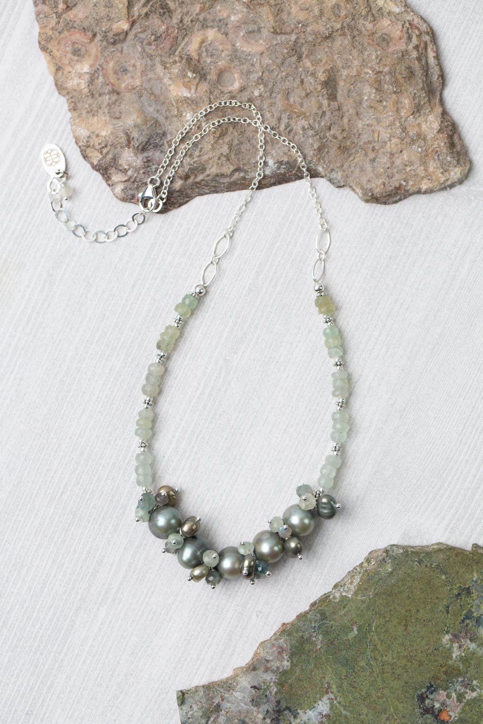 Resilience 15.25-17.25" Green Moss Aquamarine With Freshwater Pearl Cluster Necklace