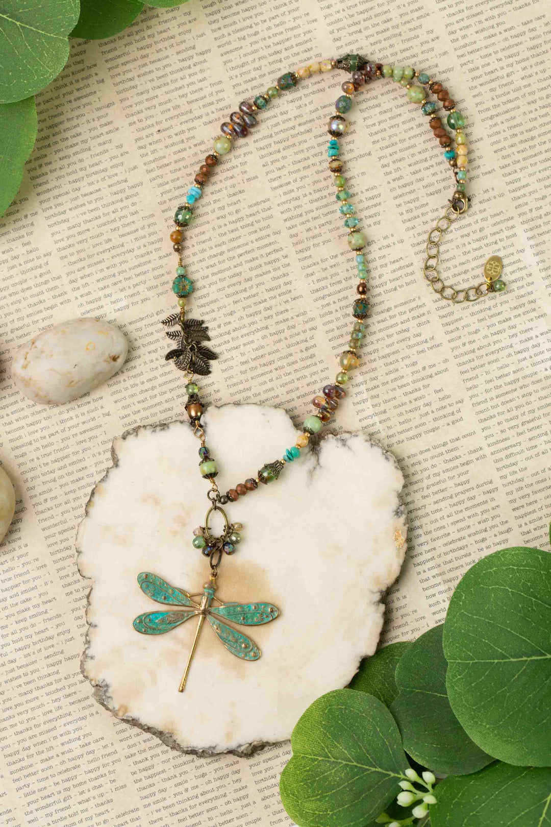 Rustic Creek 20.25-22.25" Freshwater Pearl, Turquoise, Czech Glass With Dragonfly Necklace