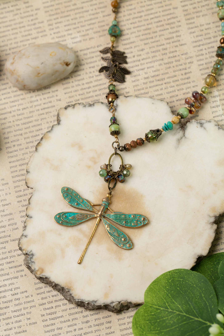 Rustic Creek 20.25-22.25" Freshwater Pearl, Turquoise, Czech Glass With Dragonfly Necklace