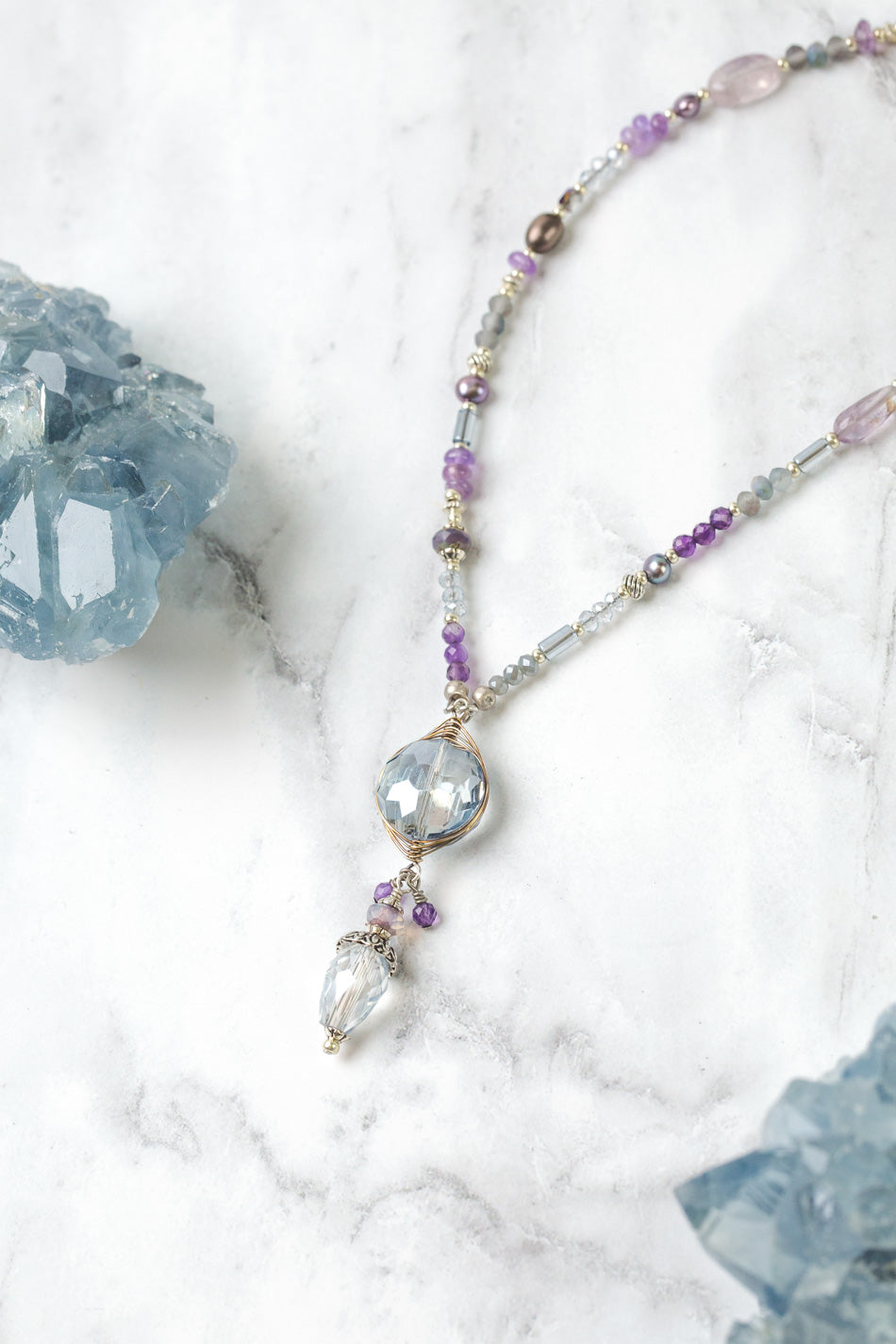 Reflections 20.5-22.5" Crystal Herringbone, Amethyst, Czech Glass Collage Necklace