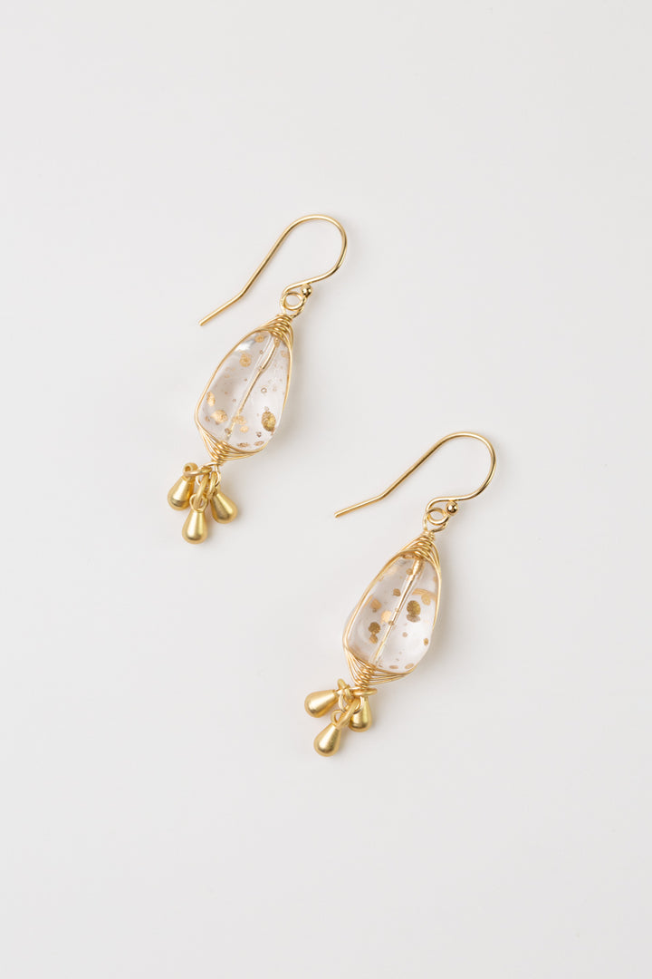 Silver & Gold Czech Glass With Matte Gold Plated Brass Dangles Herringbone Earrings