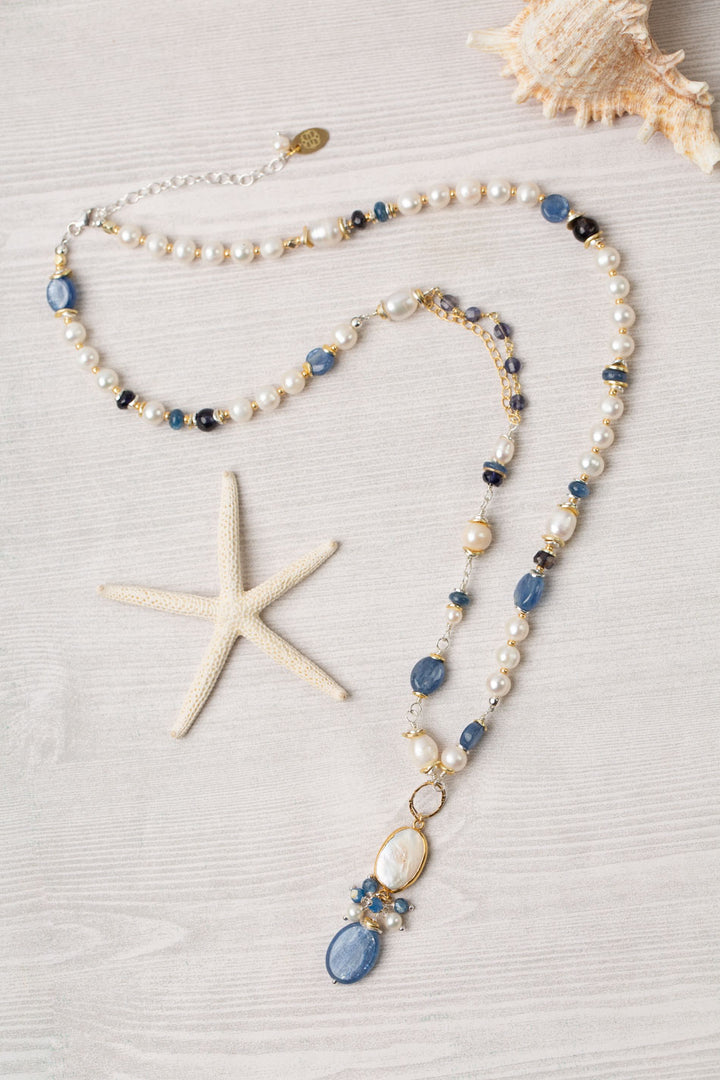 Seaside 23.5-25.5" Freshwater Pearl, Kyanite, Iolite Collage Focal Necklace