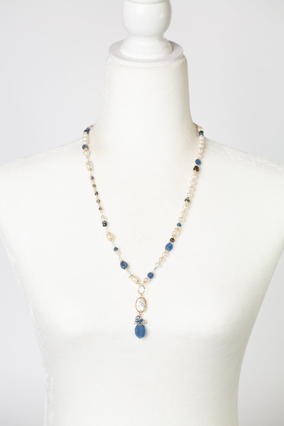 Seaside 23.5-25.5" Freshwater Pearl, Kyanite, Iolite Collage Focal Necklace