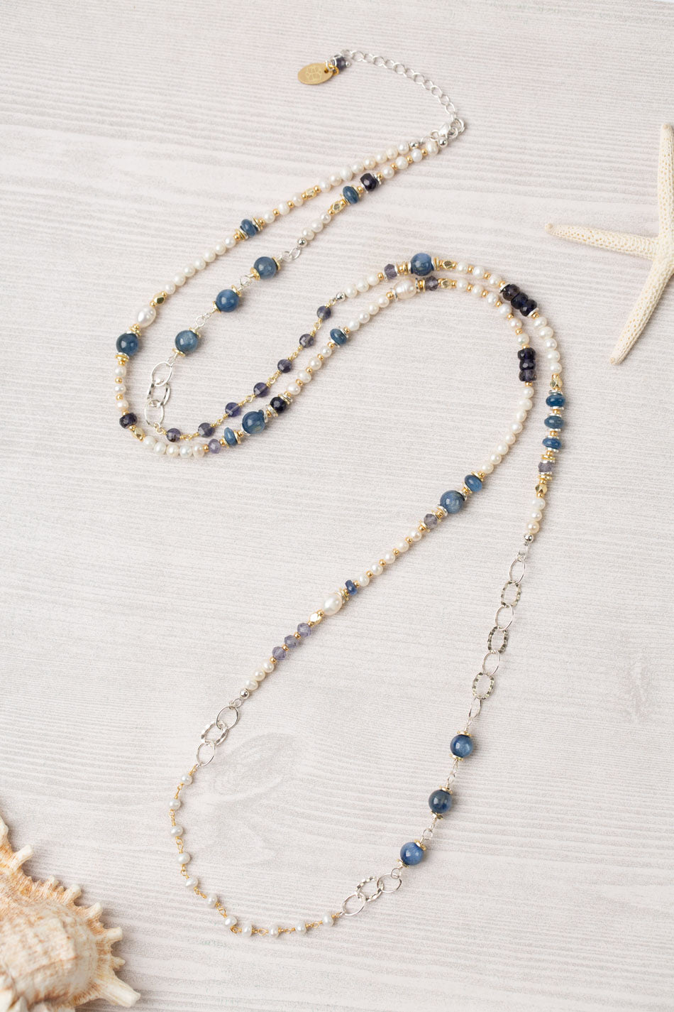 Seaside 38.25-40.25" Fresh Water Pearl, Kyanite, Iolite Transitional Necklace