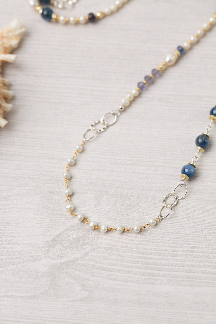 Seaside 38.25-40.25" Fresh Water Pearl, Kyanite, Iolite Transitional Necklace