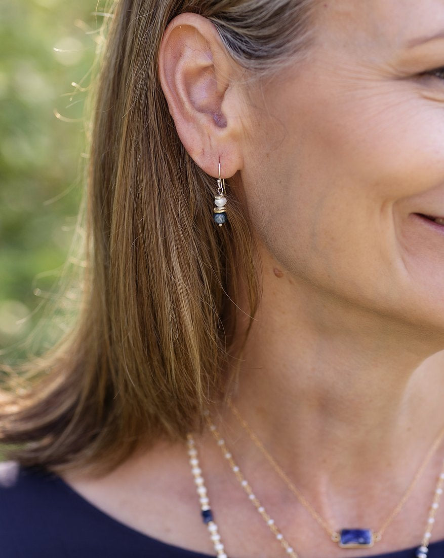 Seaside Kyanite, Fresh Water Pearl Simple Dangle Earrings