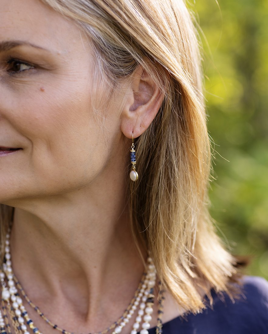 Seaside Iolite, Freshwater Pearl Large Bezel Dangle Earrings