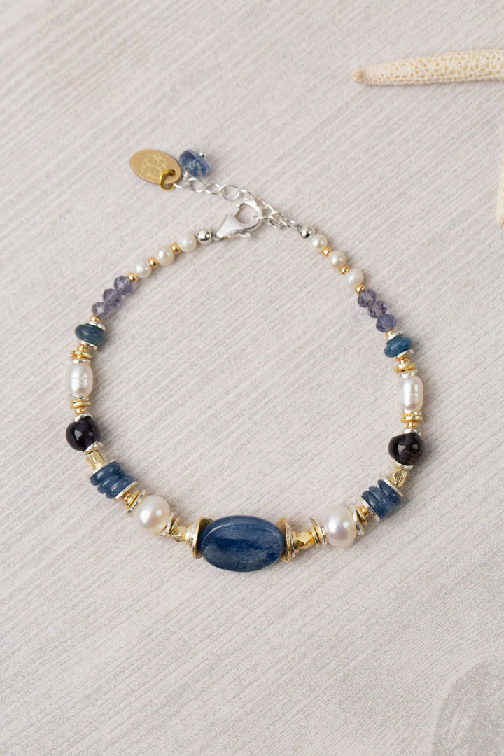 Seaside 7.5-8.5" Pearl, Kyanite, Iolite Simple Bracelet