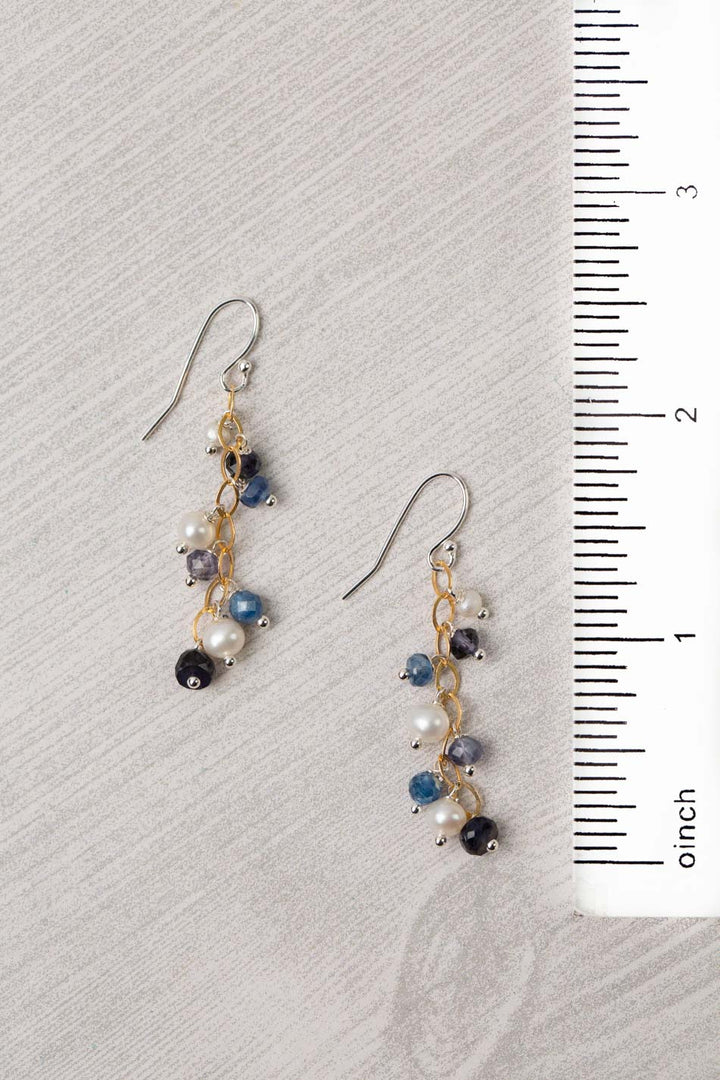 Seaside Pearl, Kayanite, Iolite Cluster Earrings