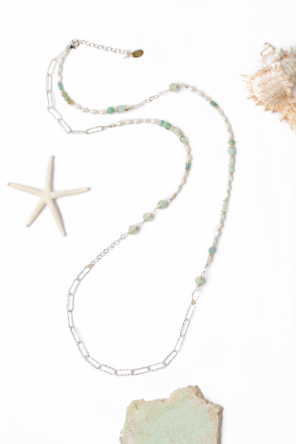 Serenity 37-39" Freshwater Pearl, Blue Apatite, Aquamarine Collage Necklace