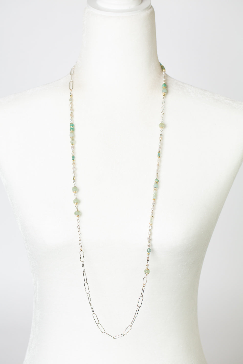 Serenity 37-39" Freshwater Pearl, Blue Apatite, Aquamarine Collage Necklace