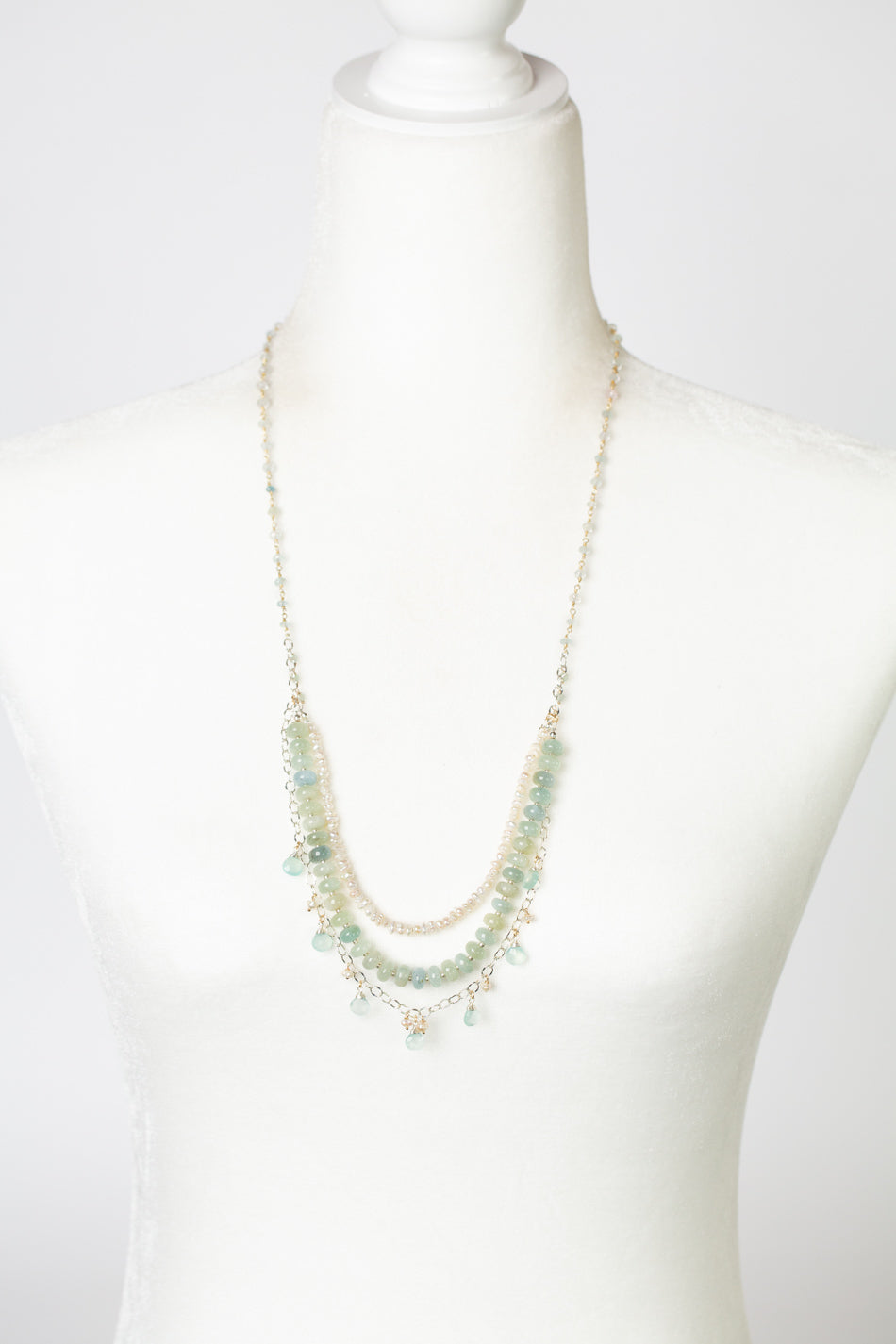 Serenity 26.5-28.5" Aquamarine, Freshwater Pearl, Faceted Blue Chalcedony Multistrand Necklace