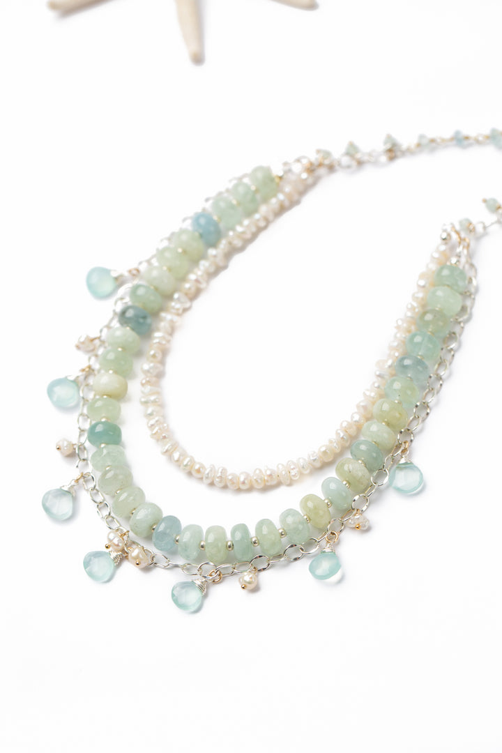 Serenity 26.5-28.5" Aquamarine, Freshwater Pearl, Faceted Blue Chalcedony Multistrand Necklace