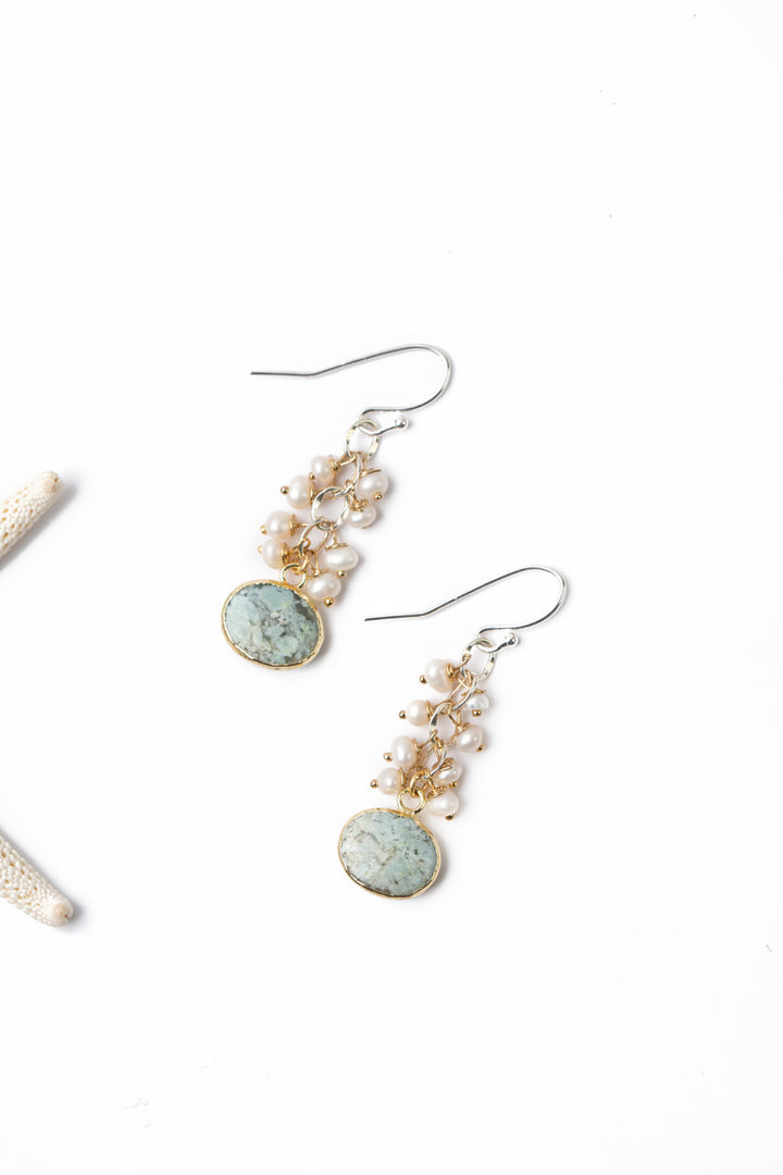 Serenity Freshwater Pearl With Faceted Blue Opal Cluster Earrings