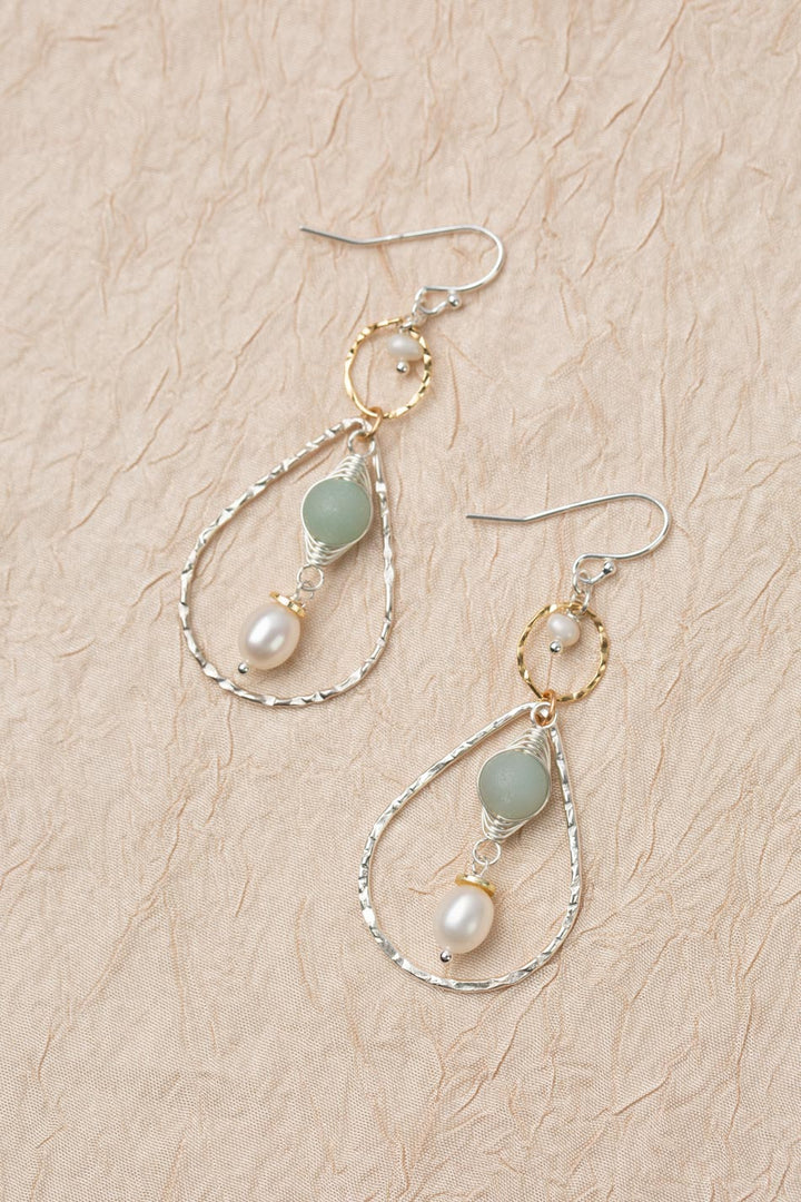 Serenity Freshwater Pearl, Matte Amazonite With Sterling Silver Teardrop With Gold Filled Hoop Herringbone Earrings