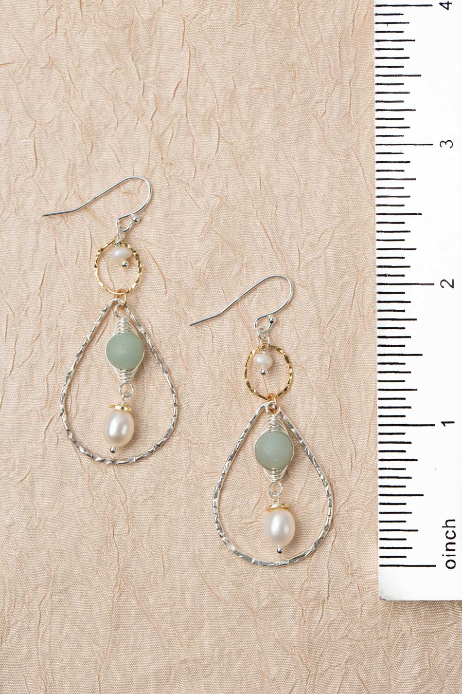 Serenity Freshwater Pearl, Matte Amazonite With Sterling Silver Teardrop With Gold Filled Hoop Herringbone Earrings