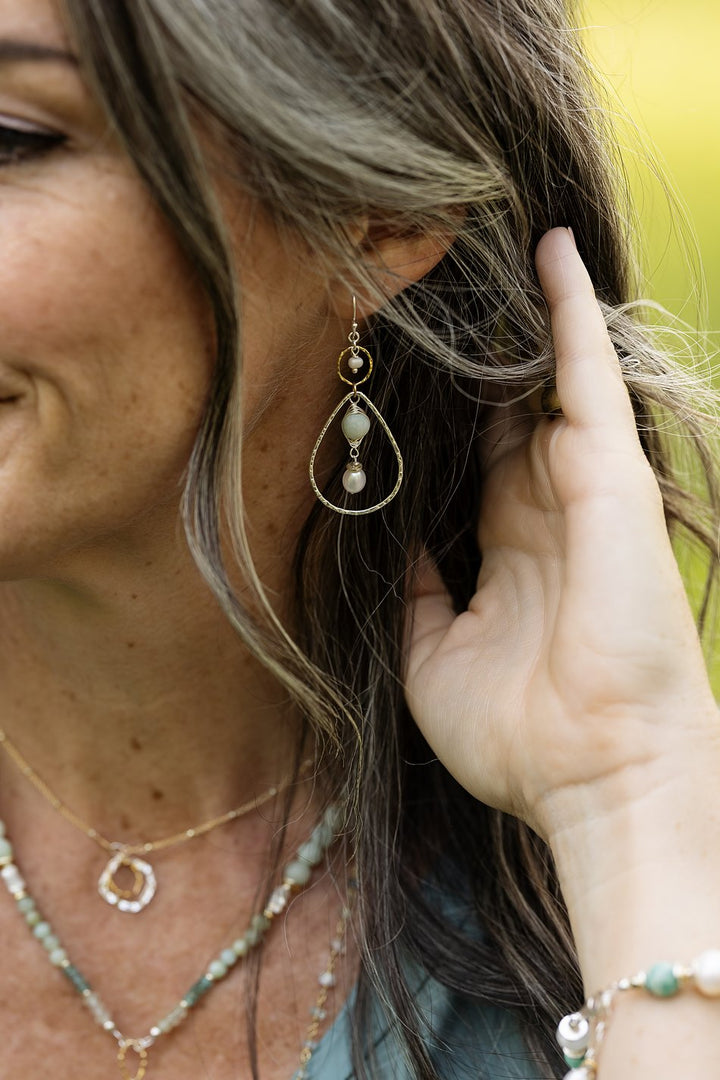 Serenity Freshwater Pearl, Matte Amazonite With Sterling Silver Teardrop With Gold Filled Hoop Herringbone Earrings