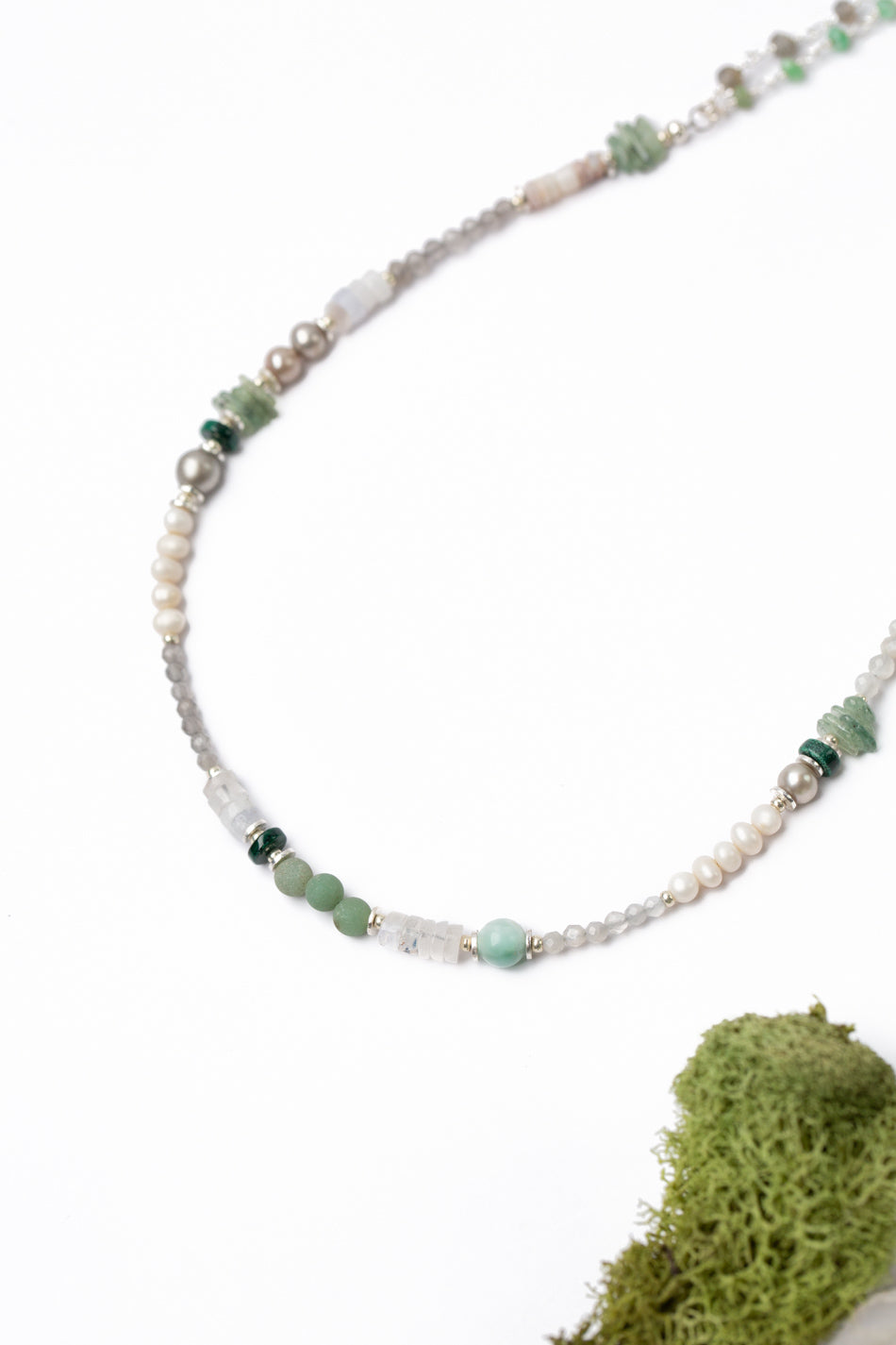 Spring Frost 34-36" Freshwater Pearl, Opal, Moss Agate Collage Necklace