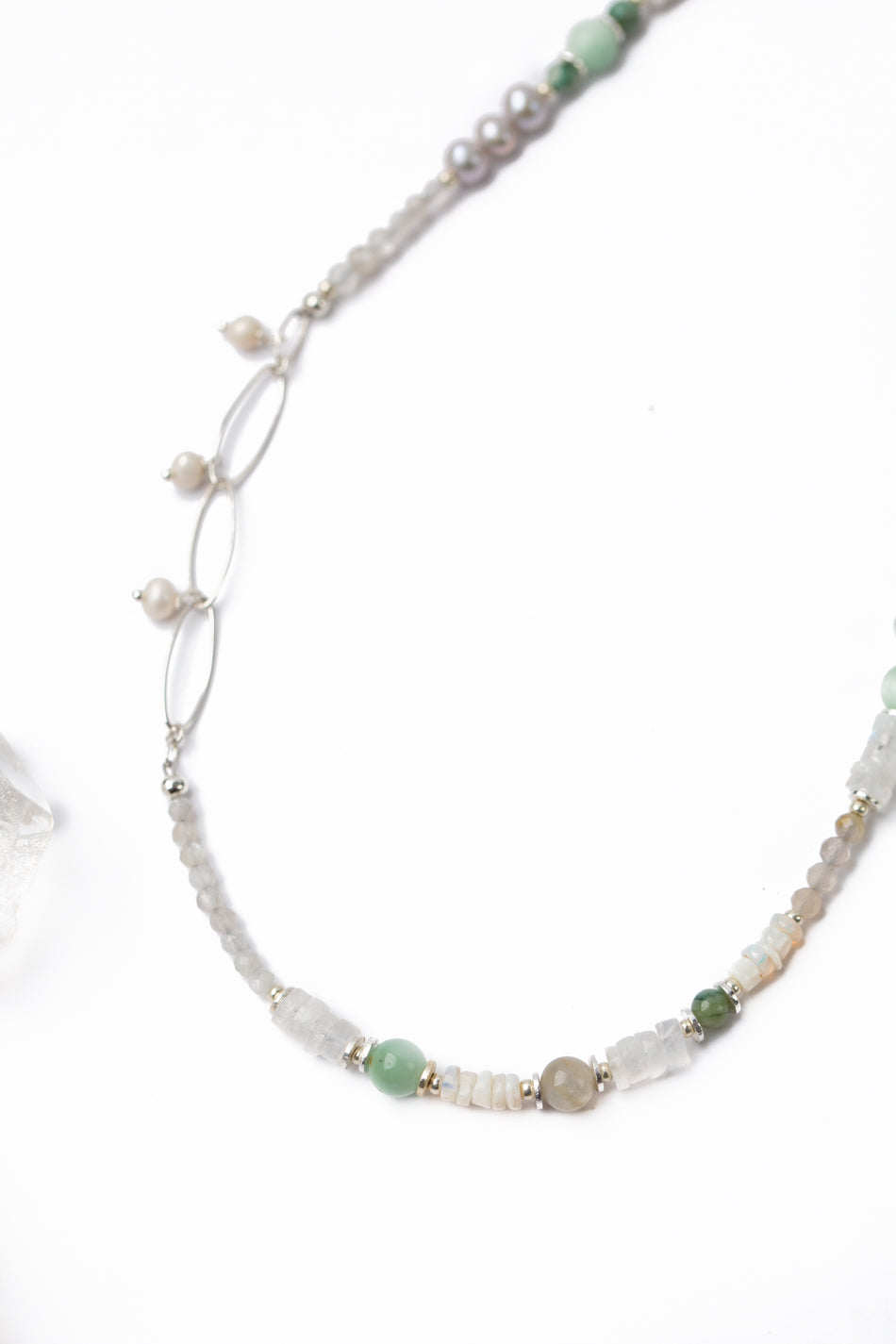 Spring Frost 24.25-26.25" Faceted Moonstone, Freshwater Pearl, Green Moonstone Collage Necklace