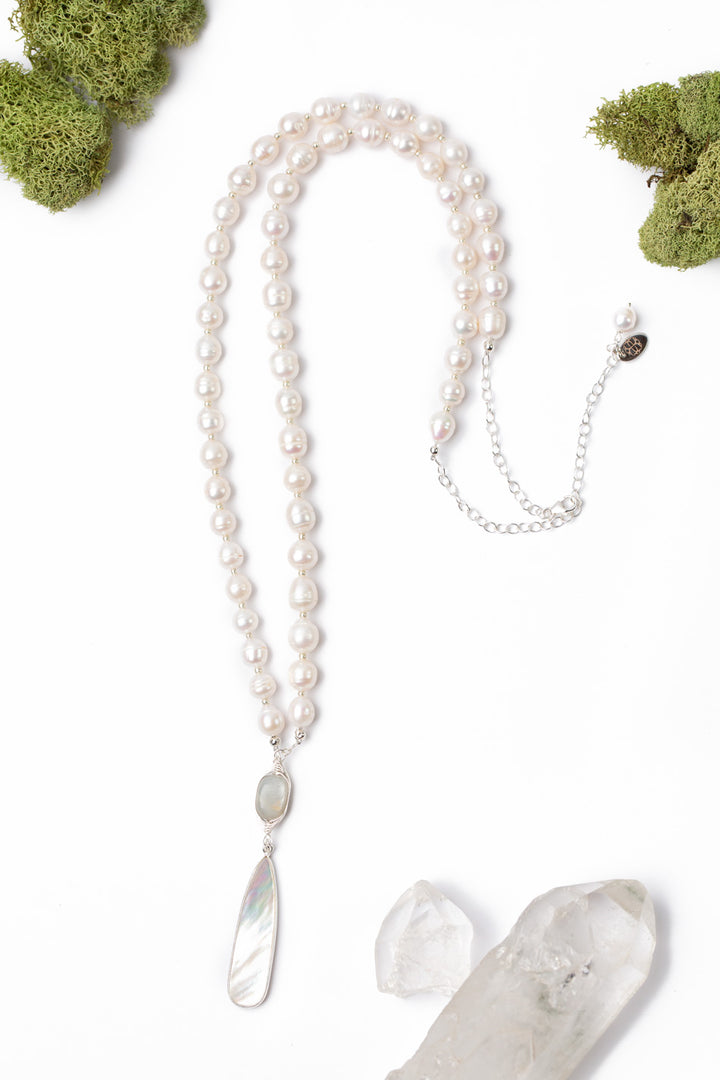 Spring Frost 28-30" Herringbone Wrapped Moonstone With Freshwater Pearl Long Drop Collage Necklace