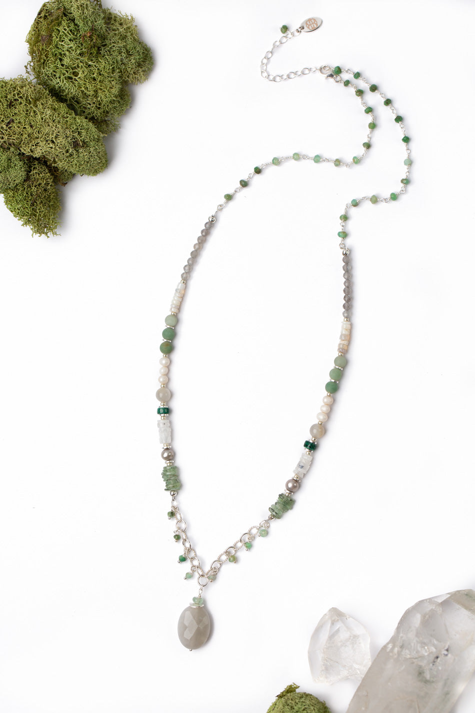 Spring Frost 22.5-24.5" Opal, Freshwater Pearl, Malachite With Faceted Moonstone Collage Necklace