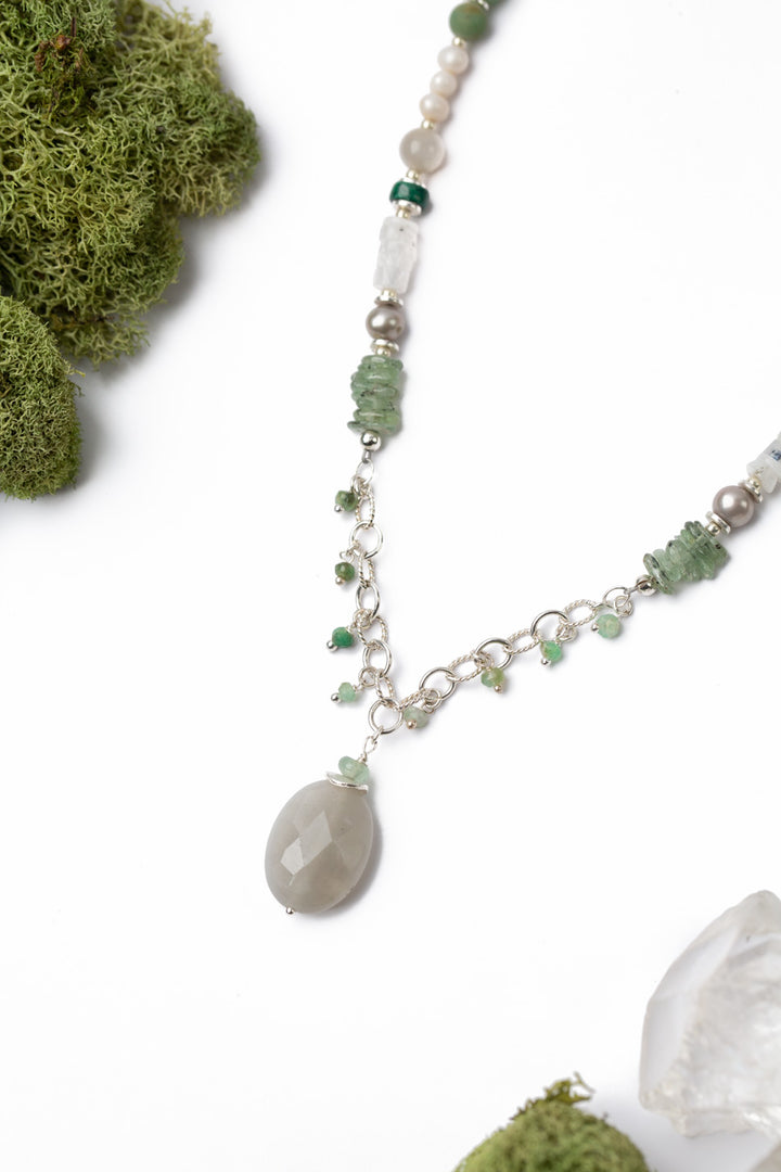 Spring Frost 22.5-24.5" Opal, Freshwater Pearl, Malachite With Faceted Moonstone Collage Necklace