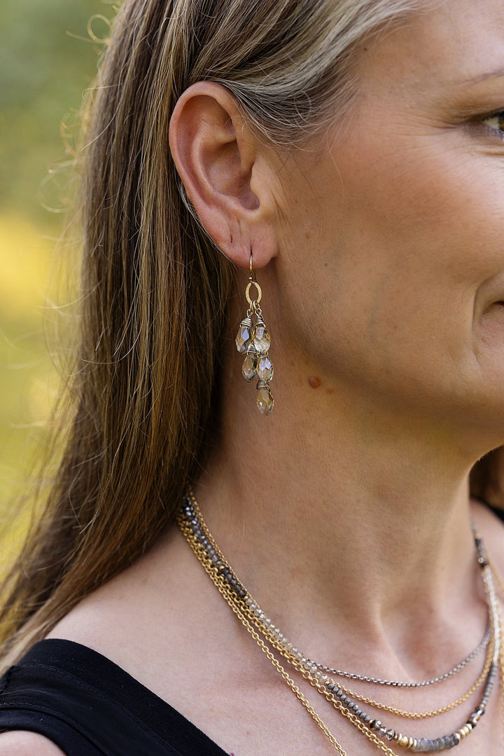 Silver & Gold Cluster Clear Crystal Briolette Droplets Cluster Earrings