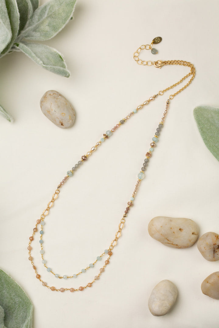 Solace 23.5-25.5" Aquamarine, Larimar, Freshwater Pearl With Moonstone Multistrand Necklace