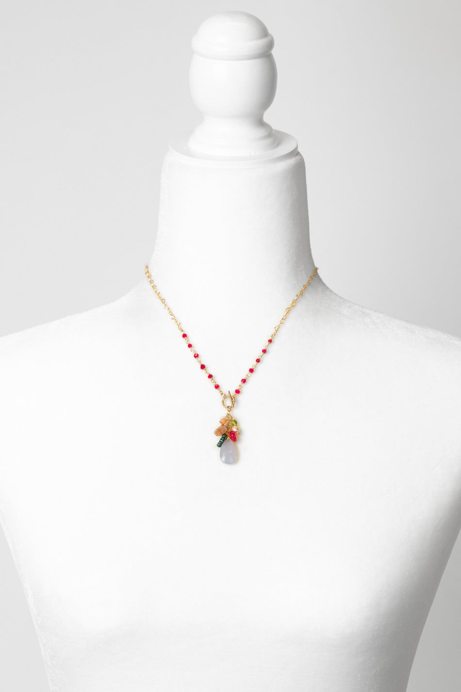 Splendor 17.5" Blue Lace Agate, Fuchsia Jade, Rainbow Moonstone Cluster Necklace