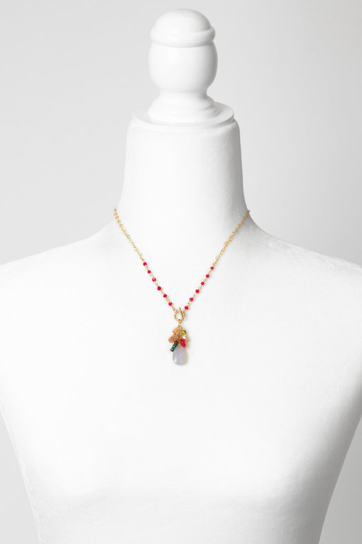 Splendor 17.5" Blue Lace Agate, Fuchsia Jade, Rainbow Moonstone Cluster Necklace