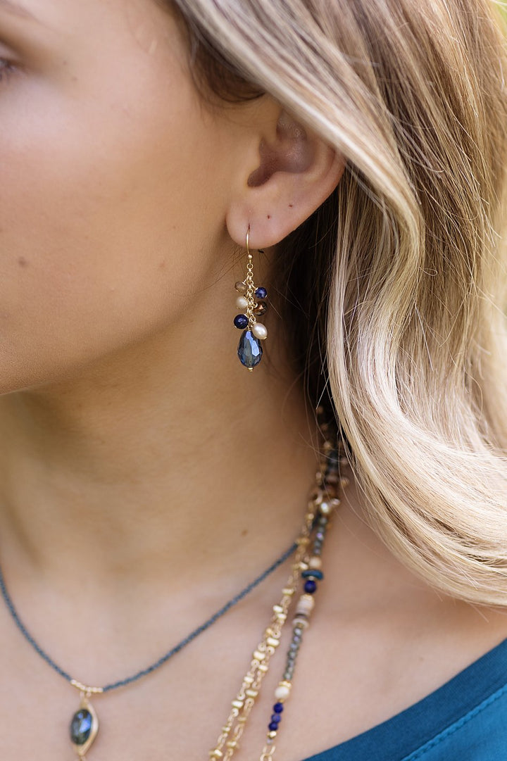 Starry Night Mother Of Pearl, Blue Crystal, Lapis Dangle Earrings