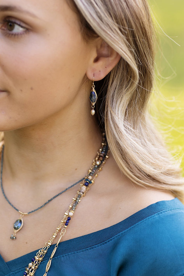 Starry Night Freshwater Pearl With Crystal Herringbone Earrings