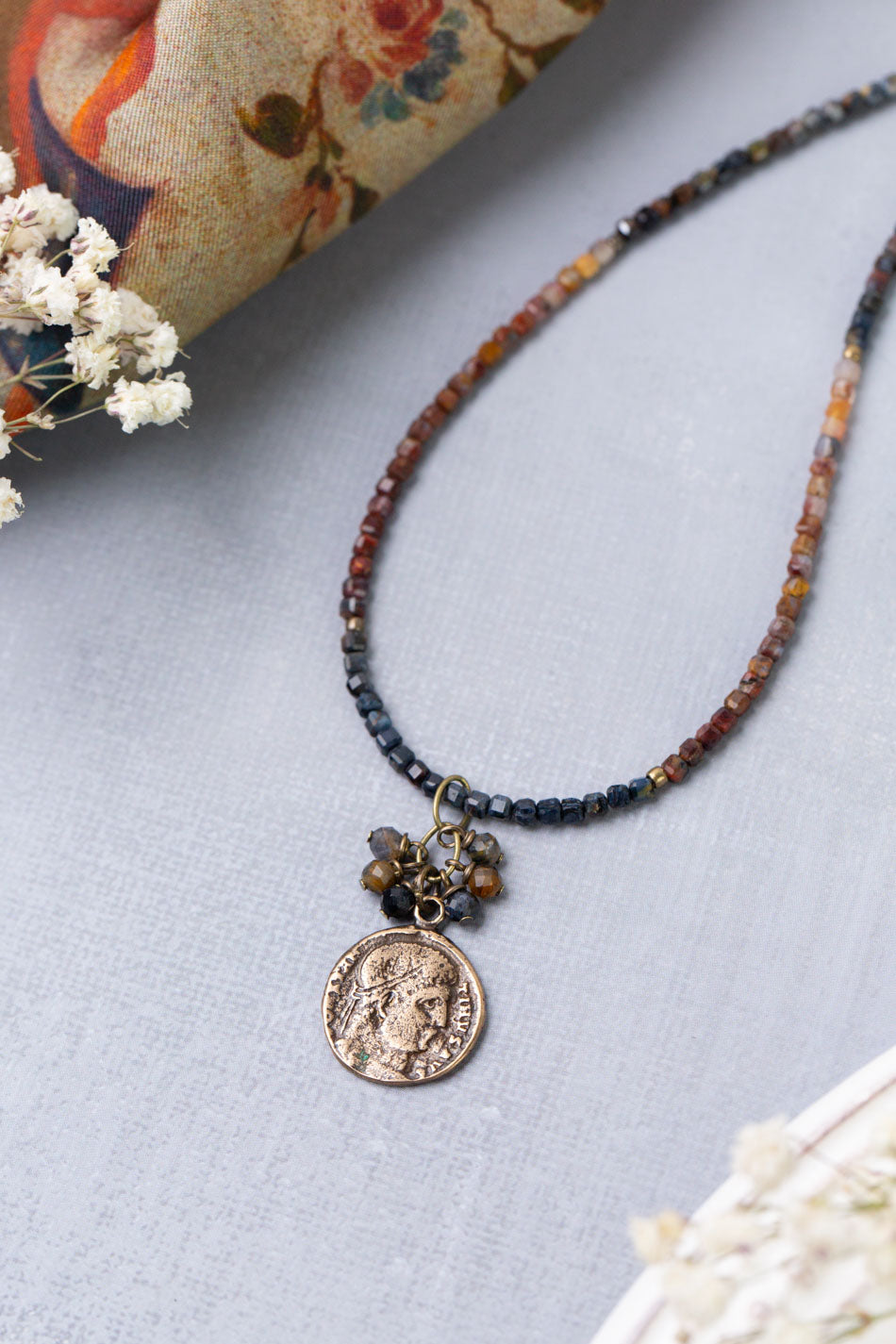 Sacred Heart 15-17" Pietersite With Antique Coin Pendant Simple Necklace