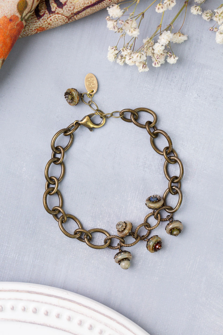 Sacred Heart 7.5-8.5" Antique Brass Chain With Czech Glass Simple Bracelet