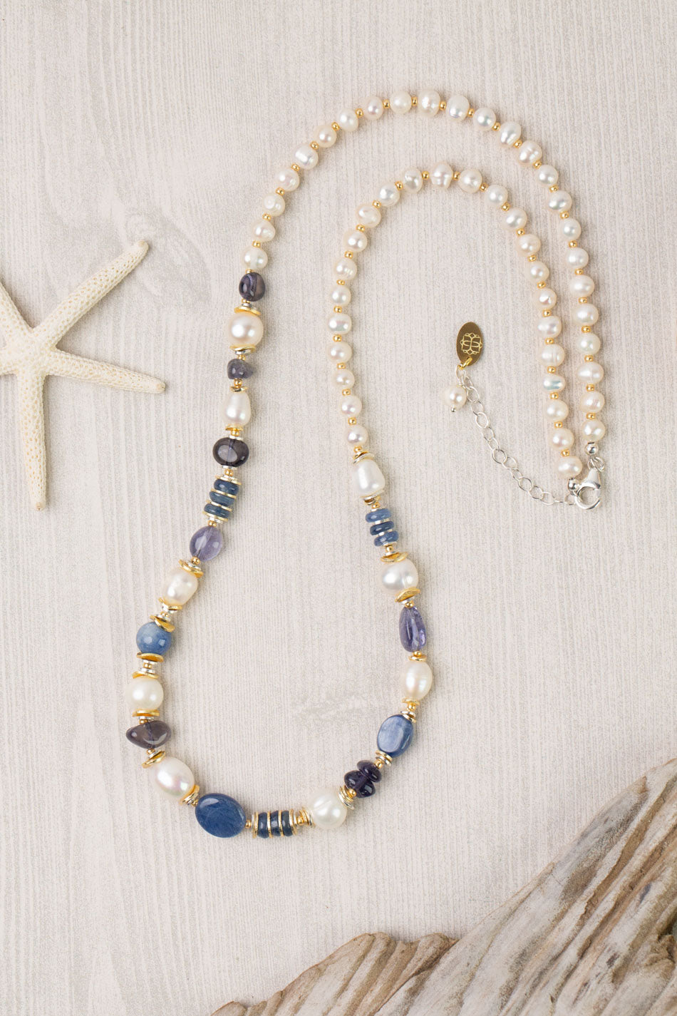Seaside 21.5-23.5" Freshwater Pearl, Kyanite, Iolite Collage Necklace
