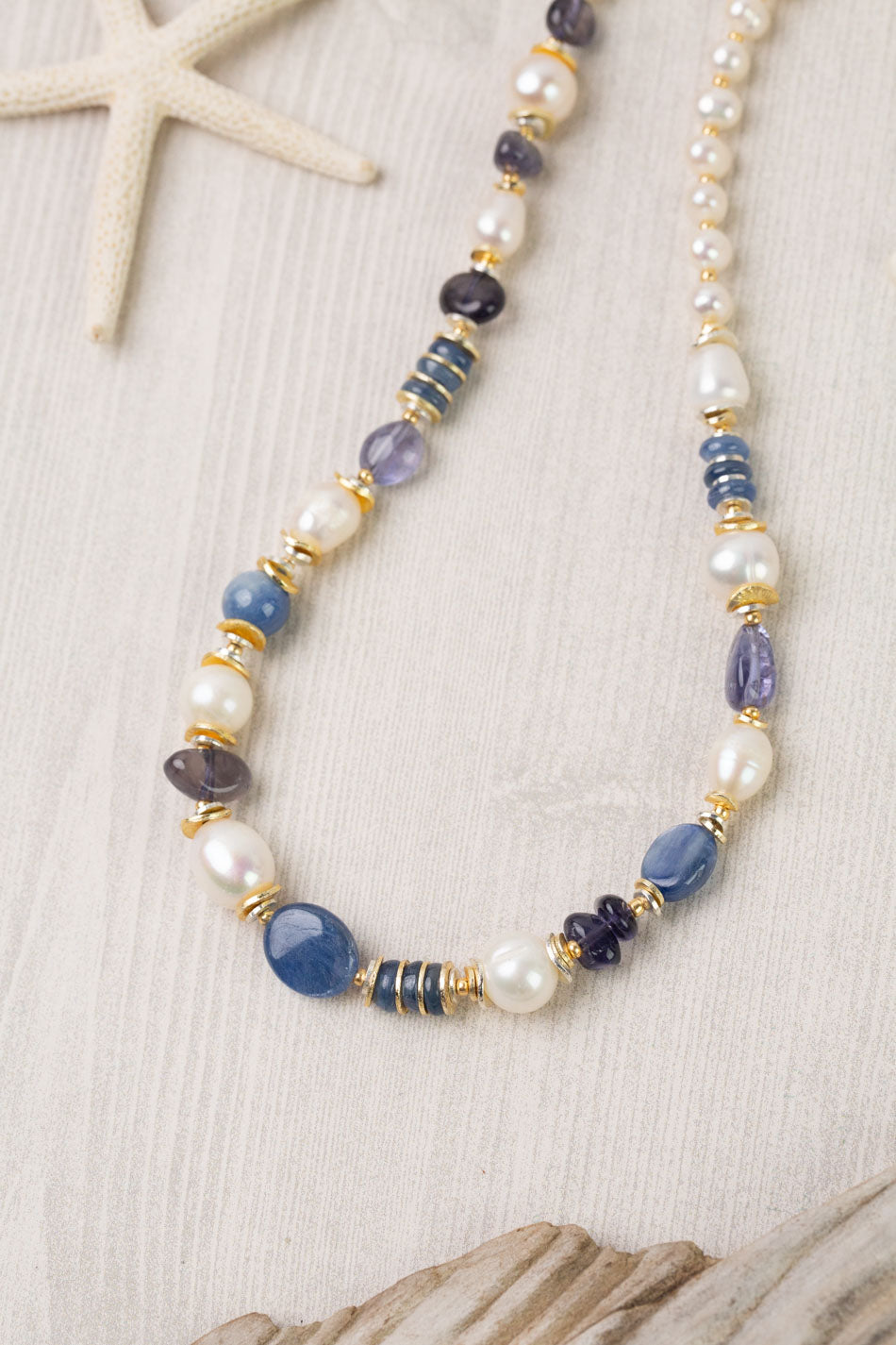 Seaside 21.5-23.5" Freshwater Pearl, Kyanite, Iolite Collage Necklace