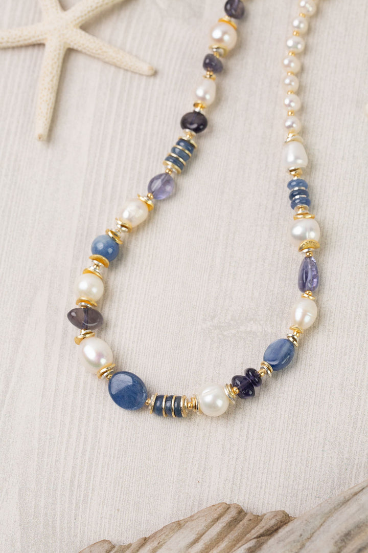 Seaside 21.5-23.5" Freshwater Pearl, Kyanite, Iolite Collage Necklace