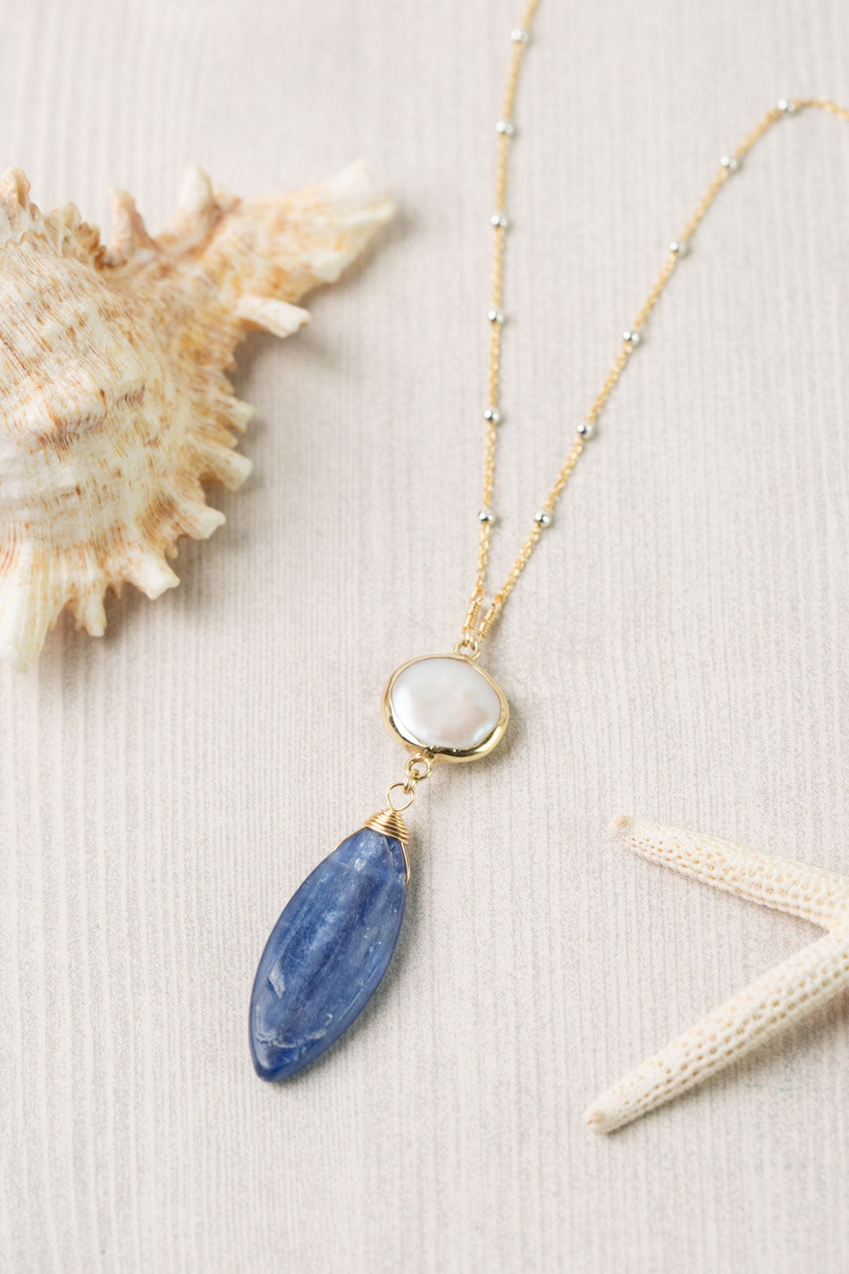 Seaside 16-18" Freshwater Pearl, Kyanite Drop Focal Necklace