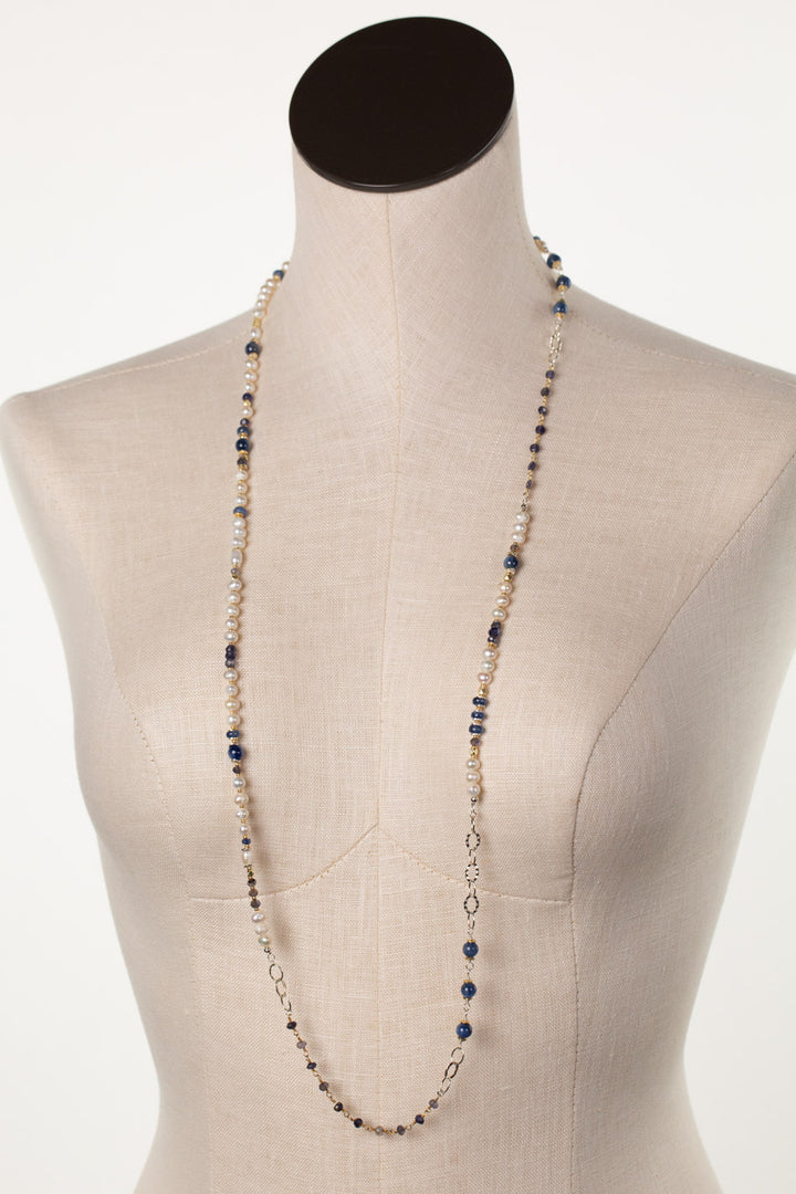Seaside 38.25-40.25" Fresh Water Pearl, Kyanite, Iolite Transitional Necklace