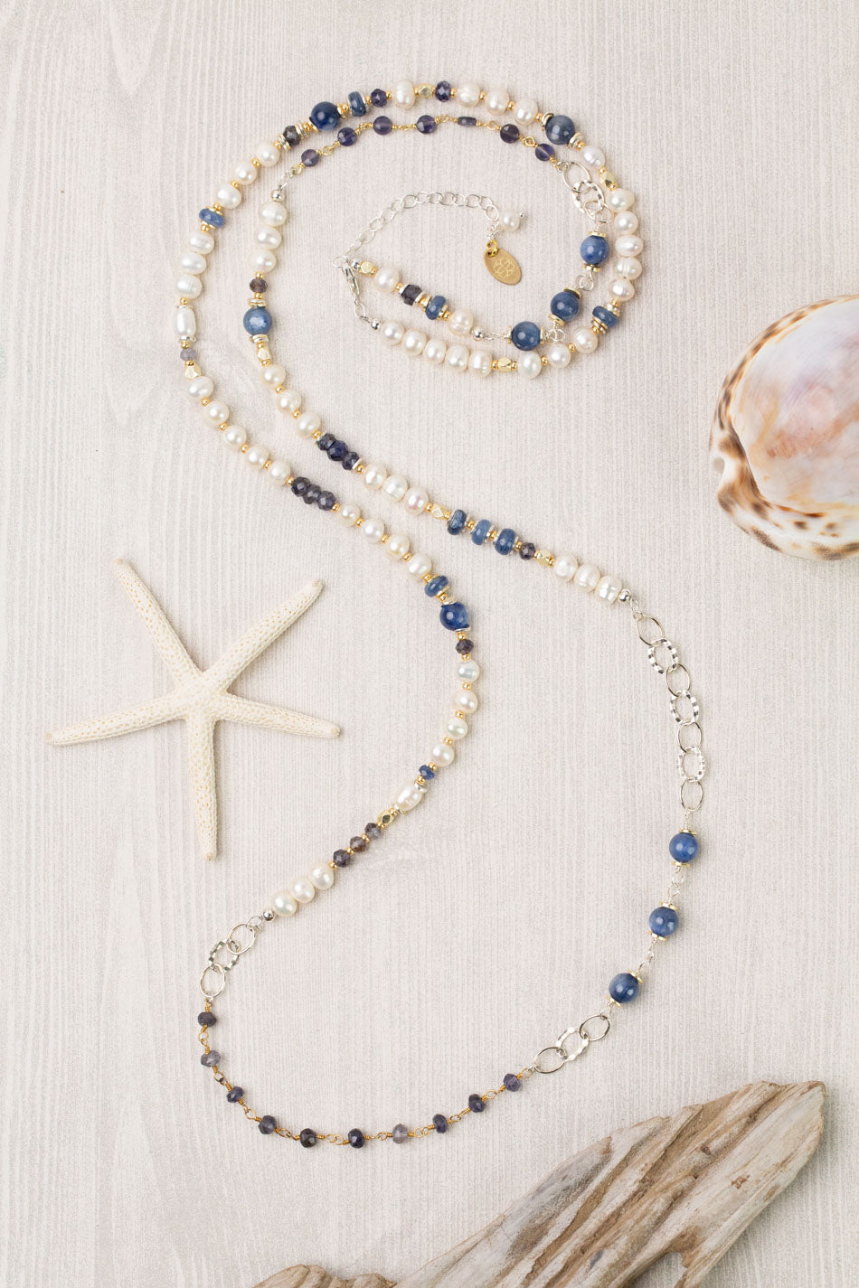 Seaside 38.25-40.25" Fresh Water Pearl, Kyanite, Iolite Transitional Necklace