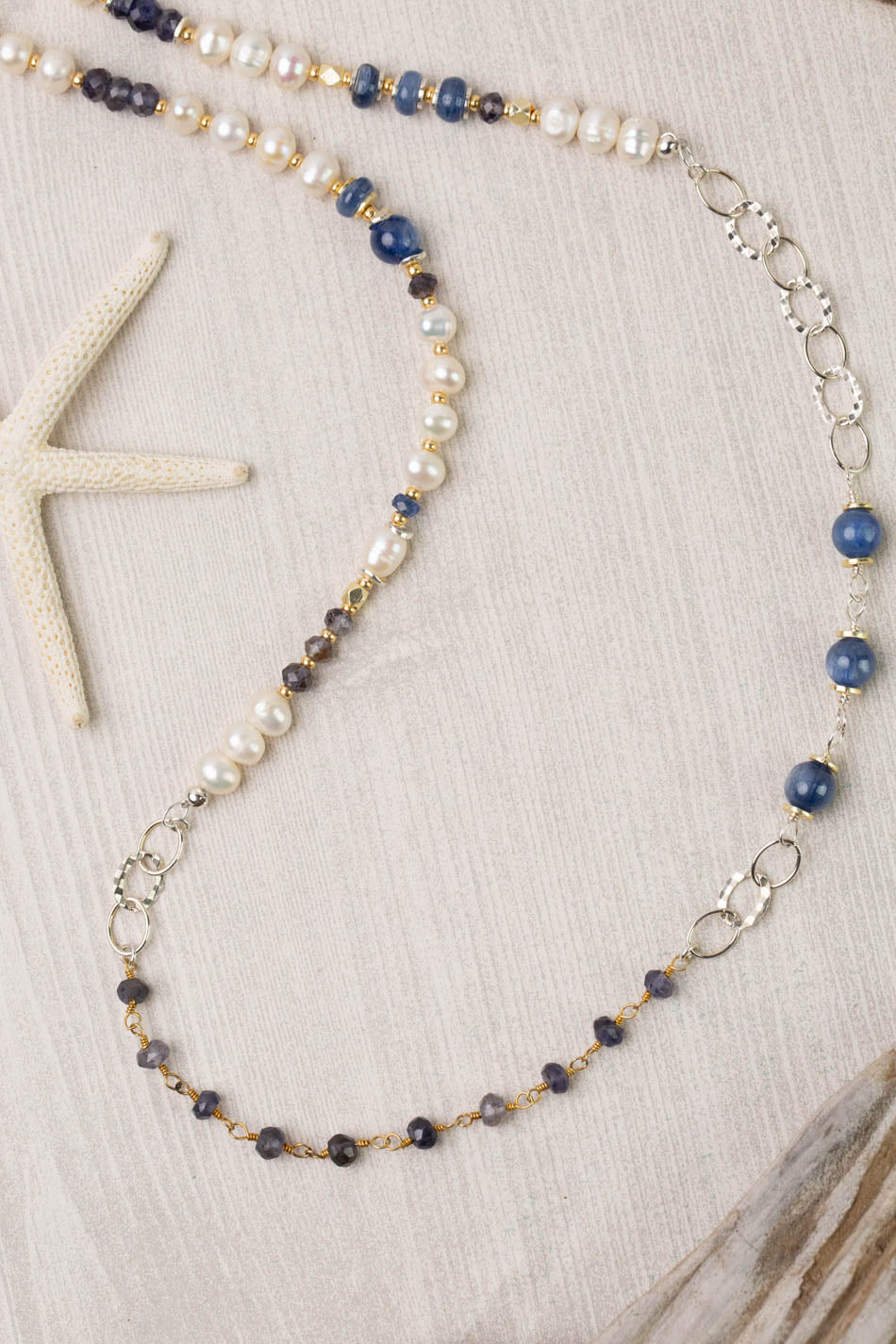 Seaside 38.25-40.25" Fresh Water Pearl, Kyanite, Iolite Transitional Necklace