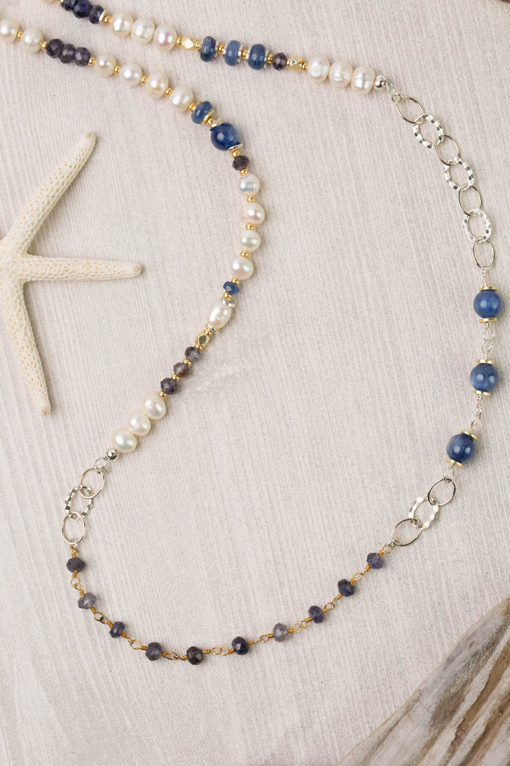 Seaside 38.25-40.25" Fresh Water Pearl, Kyanite, Iolite Transitional Necklace