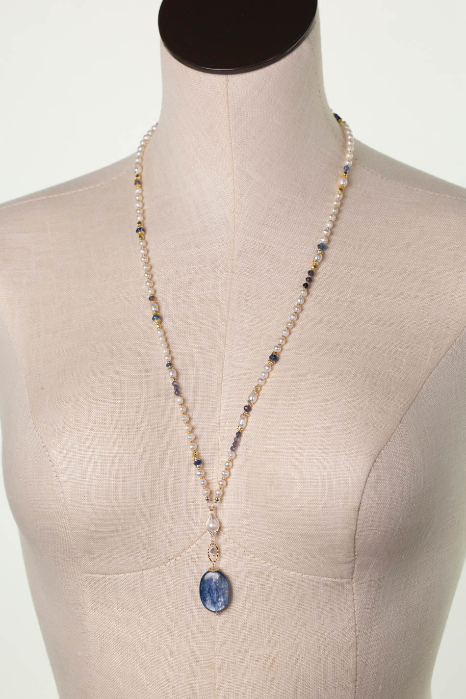 Seaside 26-28" Kyanite, Freshwater Pearl, Iolite Collage Focal Necklace