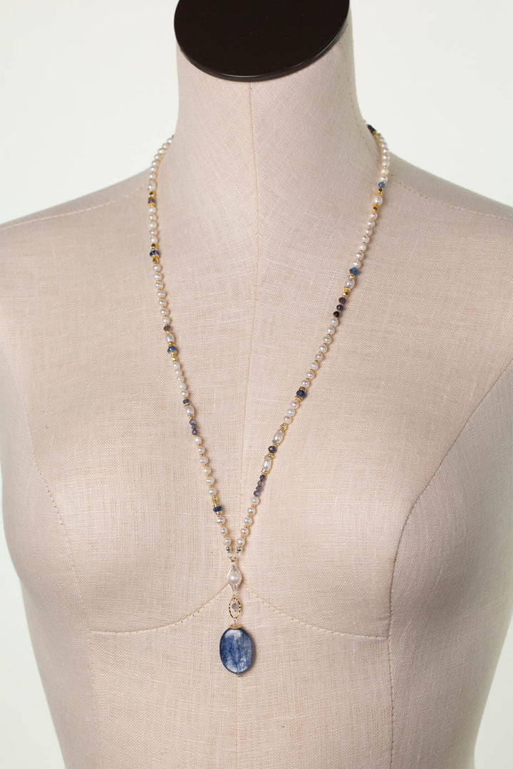 Seaside 26-28" Kyanite, Freshwater Pearl, Iolite Collage Focal Necklace