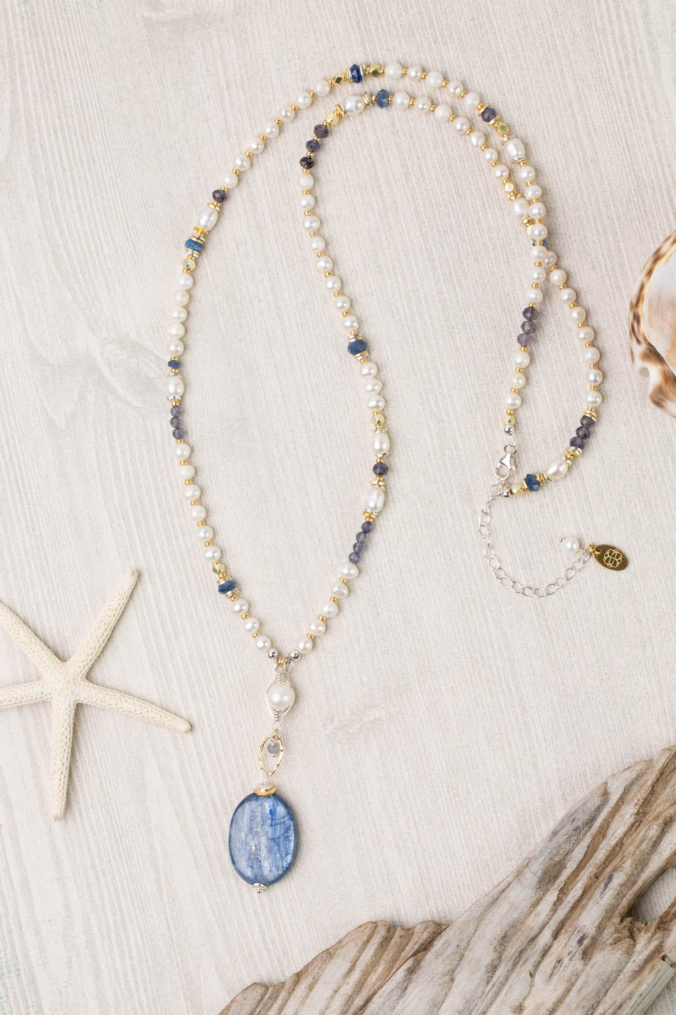 Seaside 26-28" Kyanite, Freshwater Pearl, Iolite Collage Focal Necklace