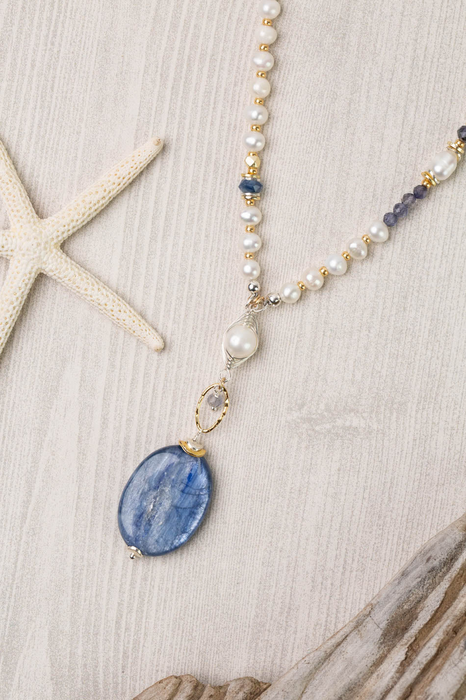 Seaside 26-28" Kyanite, Freshwater Pearl, Iolite Collage Focal Necklace